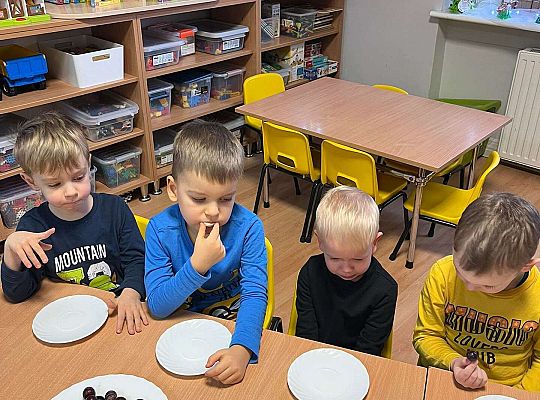 Dzieci przy wspólnym stole jedzą urodzinowe owoce