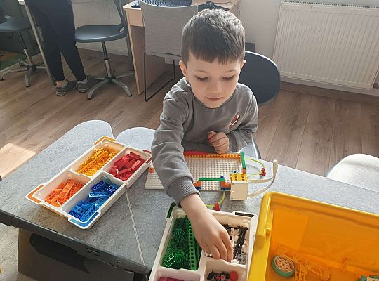 Chłopiec buduje z klocków według instrukcji