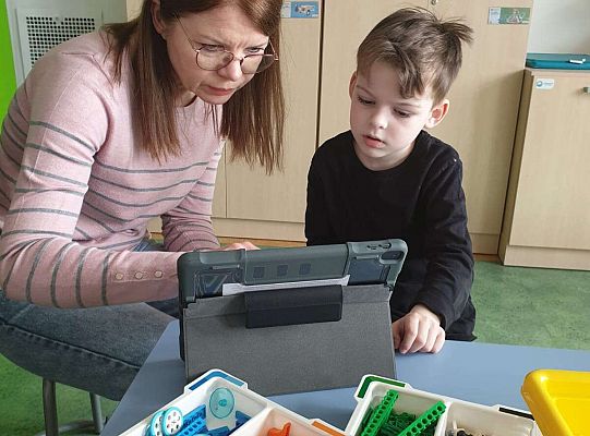 Chłopiec buduje z klocków według instrukcji