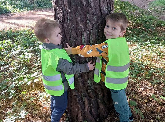 Dzieci przytulają się do drzewa